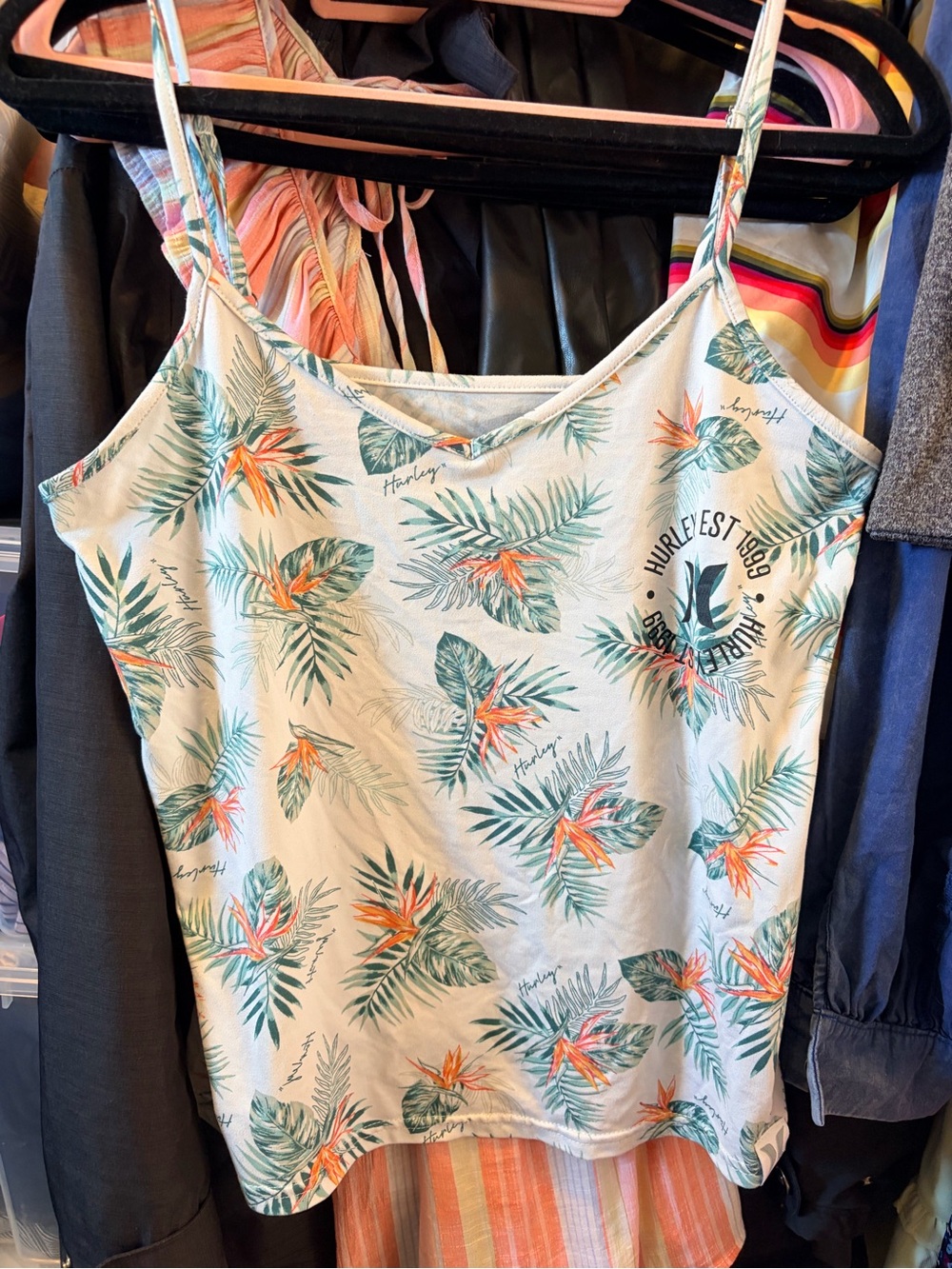 Hurley Cream Tropical Palm Print Cami with Green & Orange Accents